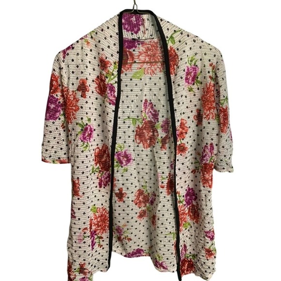 J.M. Fleurette Sweaters - J.M. Fleurette Floral Polka Dot Mesh Open Front Cardigan Short Sleeve Large